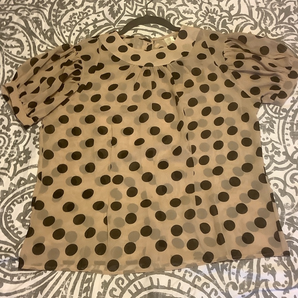 Polka Dot Puff Sleeve Blouse - Tan and Black